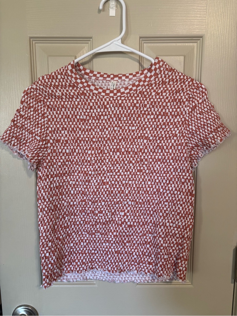 American Eagle Outfitters Rust and White Checker Smocked Top Size Large